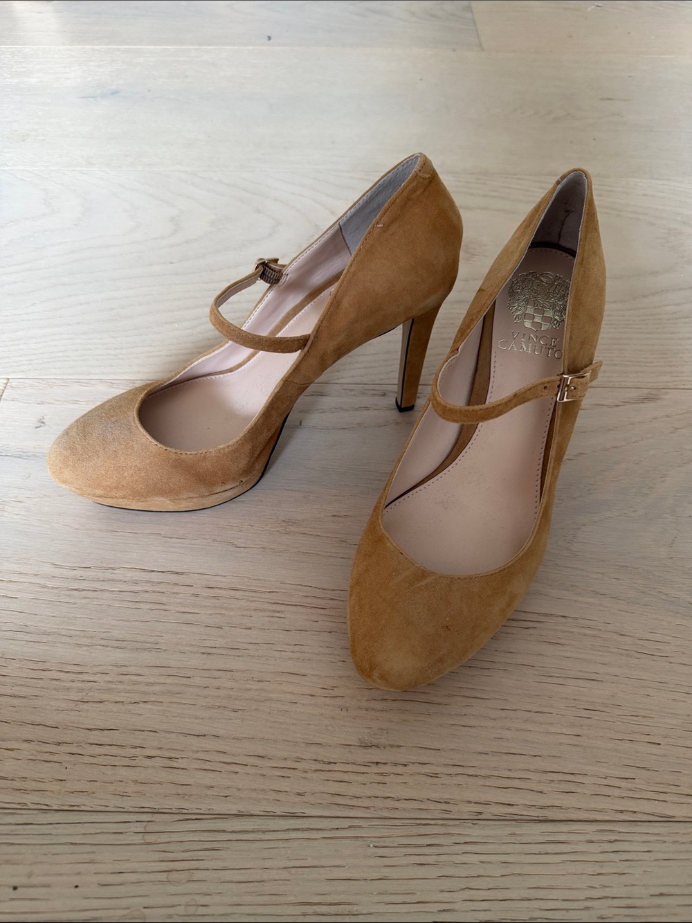 Vince Camuto Camel Suede Mary Jane Pumps with Ankle Strap